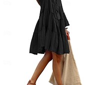 preiswerte Kleider aus Baumwolle und Leinen entwerfen-Damen Minikleid Baumwoll-Leinen-Kleider Baumwoll-Leinenkleid Mode Modern Urlaub Täglich Ausgehen Normale Passform Einfach Langarm V Ausschnitt Schwarz Sommer