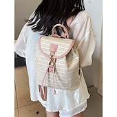 economico Zaini alla moda-zaino in paglia per donna – borsa da viaggio in rattan intrecciato boho con cinturini in pelle, zaino da spiaggia estivo chic, borsa casual per le vacanze e l&#039;uso quotidiano bianco rosa marrone