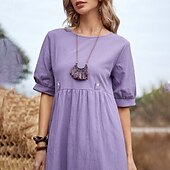 abordables Robes-Femmes Robe Midi Robes inspirées du lin Robe Décontractée Robe en coton et lin Mode Basique Extérieur Quotidien Fête Coupe régulière Uni Manche Courte Col ras du cou Vert Claire Vert Véronèse Violet