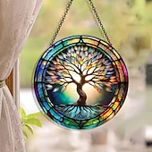 cheap Wall Sculptures-Acrylic Tree of Life Wall Hanging Decor, 5.9 x 5.9 Inch Round 2D Colorful Print Ornament, Creative and Unique Wall Art for Home, Window, Door, Party, and Festive Decoration