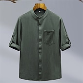cheap Cotton Linen Shirt-Men&#039;s Shirt Linen Shirt Casual Shirt Button Up Shirt Cotton Shirt Plain Vacation Street Black White Green Short Sleeve Grandad Collar Summer Clothing Apparel Front Pocket