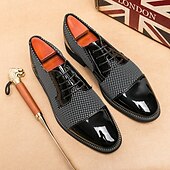 economico Formale-scarpe oxford da uomo in pied de poule bianco e nero con dettagli in vernice, elegante design con lacci per eventi formali alla moda
