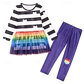 cheap Sets-3 Pieces Kids Girls&#039; Stripe Pants Suit Set Long Sleeve Fashion Outdoor 4 years+ Summer Rainbow Set Rainbow Set+Hairband Black White Set+Hairband