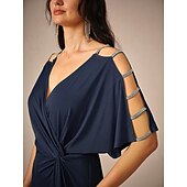 abordables Robe Simple-Femme Robe mi-longue Robe en maille Elégant mode Soirée Rendez-vous Standard Couleur unie Manche Courte Col V bleu marine Eté