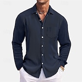 voordelige heren overhemd met knopen-Voor heren Overhemd Zomer overhemd Normaal shirt Strand hemd Overhemd met knopen Zwart Wit Rood Donker Marine Hemelsblauw Lange mouw Effen Revers Vakantie Hawaii Zak Kleding Polyester Modieus Casual