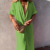 tanie zaprojektuj bawełniane i lniane sukienki-Damskie Sukienka midi Sukienki inspirowane lnem Sukienka koszulowa Bawełniana lniana sukienka Moda Klasyczny Codzienny Święto Weekend Regularny Równina Długi rękaw Kołnierzyk koszuli Biały Zielony