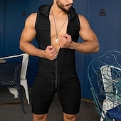 abordables Ensembles de t-shirts basiques pour hommes-Homme Body Débardeur à capuche et short Sans manches Fermeture éclair Été Uni Sexy Occasionnel Une pièce À capuche Vacances Vert Armée Noir Gris T-shirt haut de gamme pour homme