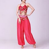 お買い得  ラテンダンスウェア-ラテンダンス 上着 ゴールドコイン ピュアカラー スプライシング 女性用 性能 訓練 ノースリーブ ハイウエスト ポリエステル