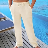 cheap Holiday-Men&#039;s Linen Pants Trousers Summer Pants Beach Pants Pocket Drawstring Elastic Waist Plain Comfort Breathable Vacation Daily Holiday Hawaiian Boho ArmyGreen Black