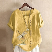 ieftine Cămăși false esențiale-Pentru femei Cămăși Bumbac In Bluză In din bumbac artificial Nasturi Imprimeu Floare Modern Casual Manșon scurt Stil Nautic Topuri obișnuite Concediu Ieșire Alb Galben Verde Militar Trifoi Vară