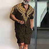 Χαμηλού Κόστους Σετ ανδρικά πουκάμισα με στάμπα-Ανδρικά Εκτύπωση 2 τεμ Σετ Πουκάμισων Καλοκαιρινές κορυφές Κοντομάνικο Κοντό παντελόνι Κουβανέζικο γιακά Διακοπές Πάρτι Causal Καθημερινά 3D εκτύπωση Καλοκαίρι Μαύρο