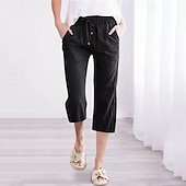 cheap Straight-Leg Pants-Women&#039;s Capri Pants Slacks Streetwear Casual Calf-Length Natural Plain Pocket Elastic Drawstring Design Outdoor Comfortable Street Going out Grey Navy Black White Summer Regular Fit