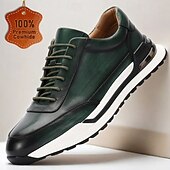 billiga Premium sneakers i läder-herrskor i premiumkohud i mörkgrönt och svart, snygg sportig design för vardagligt och aktivt slitage
