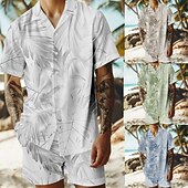 billige Trykkede skjortesett for menn-Herre Trær / blader 2stk Skjorter sett Hawaii skjorte Kortermet Korte bukser cubansk krage Ferie Avslappet Strandferie 3D-utskrift Sommer Grå Hvit Lysegrønn