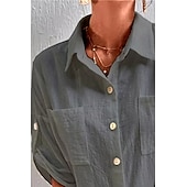 Women's Shirt Cotton Linen Shirts Button Up Blouse Plain Basic Casual Short Sleeve Shirt Collar Regular Tops Holiday Going out Buttons Pocket Black White Navy Blue Khaki Gray Summer cheap Shirts-Women's Shirt Cotton Linen Shirts Button Up Blouse Plain Basic Casual Short Sleeve Shirt Collar Regular Tops Holiday Going out Buttons Pocket Black White Navy Blue Khaki Gray Summer