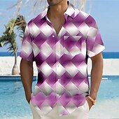 cheap Geometric Pattern-Men&#039;s Geometric Color Block Grid / Plaid Shirt Button Up Shirt Short Sleeve Fashion Casual Vacation Holiday Streetwear Summer Turndown 3D Print Collared Shirts Front One Pocket Blue Purple Green