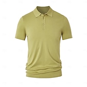 preiswerte Klassisches Poloshirt für Herren-Herren Poloshirt aus Seide, Leinen und Baumwolle, Strick, Polopullover, Business, Casual, Revers, Kurzarm, formell, einfarbig, Patchwork, Knöpfe, Sommer, Schwarz, Braun, Grün, Dunkelgrau, Dunkelkaffee
