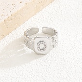 cheap Gifts-Personalized Letter Ring, Gift for Mom, Copper with Zircon Alphabet Ring, Vintage-Style Chain Design, Adjustable Open Band, Minimalist Aesthetic Jewelry for Women