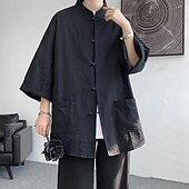 economico Casual da lavoro-Per uomo Camicia Camicia di lino Camicia casual Camicia con Bottoni Camicia di cotone Semplice Vacanza Camicia hawaiana Nero Bianco Blu marino Cachi Mezza Manica Colletto alla coreana Estate