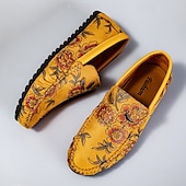 abordables Chaussures sans lacets &amp; mocassins-Mocassins brodés de fleurs pour hommes en daim jaune - des chaussures élégantes à enfiler parfaites pour les sorties décontractées et les événements artistiques