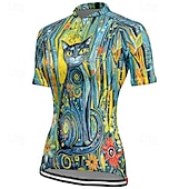 お買い得  ウィメンズジャージ-女性用 サイクリングジャージー 半袖 バイク Tシャツ ジャージー 3つのリアポケット付き マウンテンサイクリング 高通気性 速乾性 人間工学デザイン ウィッキング ブルー ミントグリーン ダークグリーン 猫 スポーツ 衣類