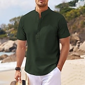 economico Camicie Popover da Uomo-Per uomo Camicia Camicia popover Camicia Estiva Camicia casual Camicia da Spiaggia Camicia a maglia a nido d&#039;ape Nero Bianco Blu Azzurro cielo Verde militare Manica Lunga Semplice Collo alla coreana