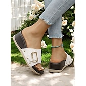 cheap Casual Sandals-Chic Wedge Slide Sandals for Women - Comfortable Casual Wear with Stylish Buckle and Rivet Details, Perfect for Leisure or Weekend Outings