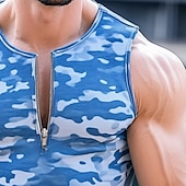 baratos Tops de ginásio-Homens Malha Íntima Colete camisa sem manga Sem Manga Crewneck Verão Côr Camuflagem Moda Clássico Confortável Zíper Rua Casual Esportes Azul Top Tee para Homens