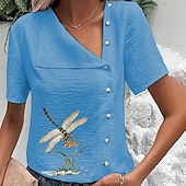 cheap Shirts-Women&#039;s Blouse Cotton Linen Shirts Flower Basic Casual Short Sleeve Asymmetrical Regular Tops Daily Holiday Buttons Print Black Blue Green Summer