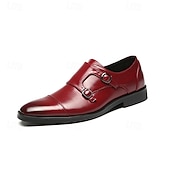 cheap Formal-Men&#039;s Burgundy Double Monk Strap Faux Leather Shoes - Elegant Slip-On Dress Shoes for Weddings &amp; Formal Occasions