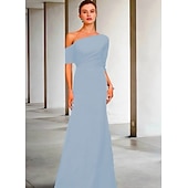 cheap Floor Length-A-Line Mother of the Bride Dress Wedding Guest Elegant Vintage One Shoulder Floor Length Charmeuse 3/4 Length Sleeve with Ruffles Side-Draped free custom size