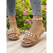 abordables Sandales de Vacances-Sandales à enfiler noires cloutées pour femmes – sandales plates tendance à rivets dorés pour l&#039;été, la plage et les sorties décontractées