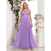 preiswerte Abendkleider-A-Linie Abendkleid Elegant Kleid Abendgesellschaft Abschlussball Bodenlang Ärmellos V Ausschnitt Gürtel / Schärpe Tüll V-Ausschnitt mit Glitzer Stickerei 2025