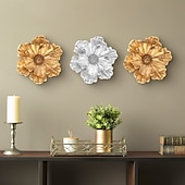 cheap Wall Sculptures-Vintage Large Flower Wall Decor, Gold Silver White Resin Wall Hanging, 3D Floral Wall Art for Home, Living Room, Bedroom Decoration