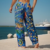 preiswerte Bedruckte Freizeithosen für Herren-Herren Blumendruck Blumen Hose Baggy-Hosen Freizeithose Mittlere Taille Vintage-Retro Outdoor Urlaub Ferien Kordelzug Elastischer Bund Weites Bein Sommer Frühling 3D-Druck Blau Braun