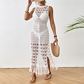 baratos Swimdresses-Mulheres Roupa de Banho Cobertura roupa de banho Com Corte Franja Roupa de Praia Verão Tecido Decote Redondo Sem Manga Fatos de banho
