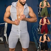 abordables Ensembles de t-shirts basiques pour hommes-Homme Body Débardeur à capuche et short Sans manches Fermeture éclair Été Uni Sexy Occasionnel Une pièce À capuche Vacances Vert Armée Noir Gris T-shirt haut de gamme pour homme