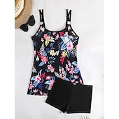 billiga Tankinis-Dam Plusstorlekar Badkläder Tankini 2 st Längre baddräkt Pojkeben Baddräkt Öppen rygg Stickat Hög midja Stylish Sportig Flagga Randig Doppa Ärmlös Baddräkter