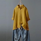 preiswerte Hemden-Damen Hemd Bluse Baumwoll-Leinen-Hemden Einfach Basic Modern Kurzarm Hemdkragen Normale Oberteile Täglich Ferien Ausgehen Knöpfe Weiß Gelb Rosa Marineblau Leicht Blau Sommer