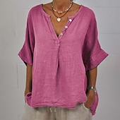 economico Camicie-Per donna Camicia Blusa Camicie di cotone e lino Semplice Essenziale Moderno Casual Mezza Manica Scollo a V Top Regolari Quotidiano Ferie Uscire Bottoni Nero Giallo Rosa Grigio Azzurro Estate