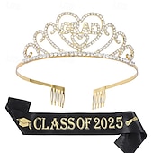 cheap Graduation Decoration-Graduation Party Supplies Kit, Glittered Metal Graduation Princess Grad Crown Tiara, Class of 2025 Graduate Sash, Rhinestone Letter Headpiece, Alloy Tiara and Sash Set