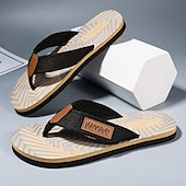 cheap Vacation Sandals-Men&#039;s Fashion Flip-Flops - Red and Black Geometric Pattern with Leather Accents - Casual Beachwear