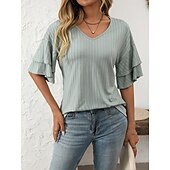cheap Plain tee-Women&#039;s T Shirt Plain Fashion Modern Short Sleeve V Neck Regular Tops Daily Ruffle Black White Wine Sky Blue Fuchsia Summer