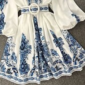 billiga Bohemklänningar-Dam Midiklänning Boho-klänning Klänning med tryck Mode Puffärmad Utomhus Helgdag Utekväll Normal Blomma Långärmad V-hals Blå Sommar