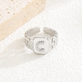 cheap Gifts-Personalized Letter Ring, Gift for Mom, Copper with Zircon Alphabet Ring, Vintage-Style Chain Design, Adjustable Open Band, Minimalist Aesthetic Jewelry for Women
