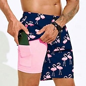 cheap Animals &amp; Birds-Men&#039;s Flamingo Bird Lined Shorts 2 in 1 Board Shorts Swim Shorts Mid Waist Hawaiian Vacation Holiday Beach Wear Side Pockets With Compression Liner Elastic Drawstring Waist Designer Clothing Apparel