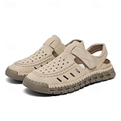 abordables sandalias de exterior-Sandalias beige sin cordones para hombre con diseño perforado y suela acolchada para paseos casuales y ropa de playa.