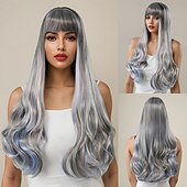 baratos Perucas Sintéticas sem Touca-Perucas sintéticas Ondulado Trama Curly Corte em Camadas Com Franjas Fabrico à Máquina Peruca 28 polegadas A1 Cabelo Sintético Mulheres Clássico Confortável Cores Gradiente Multi Cores