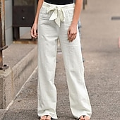 abordables Pantalon uni en coton et lin-Femmes Pantalon en coton et lin Slacks Mode Streetwear Confort Longueur complète Taille haute Uni Conception à cordon élastique Confortable Rue Sortir Bleu œuf de mer Gris Noir Blanche Été Coupe