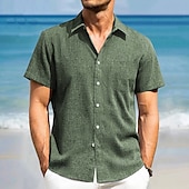 preiswerte Urlaub-Herren leinenhemd Sommerhemd Strandhemd Kurzarm Modisch lässig Urlaub Ferien Strandbekleidung Sommer Frühling Kragen Hemden mit Kragen Eine Tasche vorne Dunkelmarine Blau Grün Grau